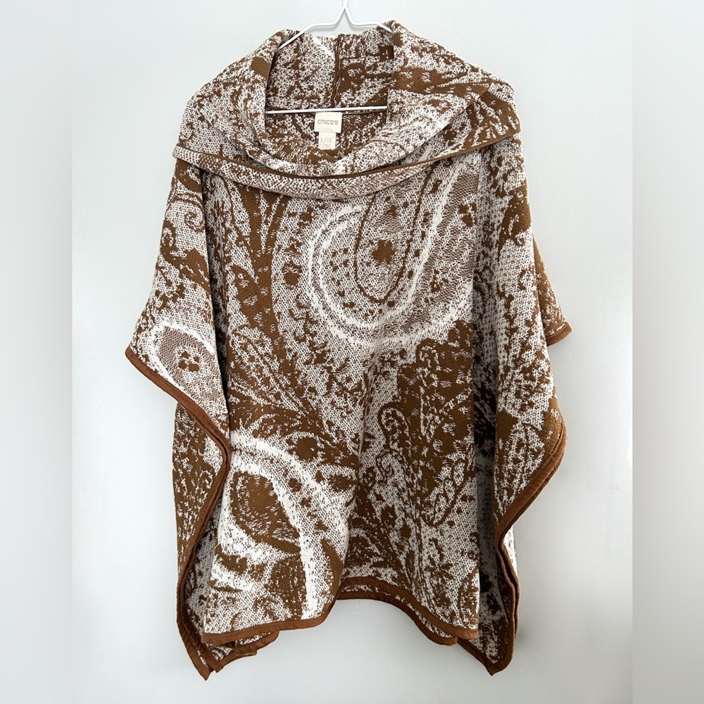 Chico's Cozy Chic Poncho L/XL Neutral Paisley Lagenlook Oversized Draped Boho